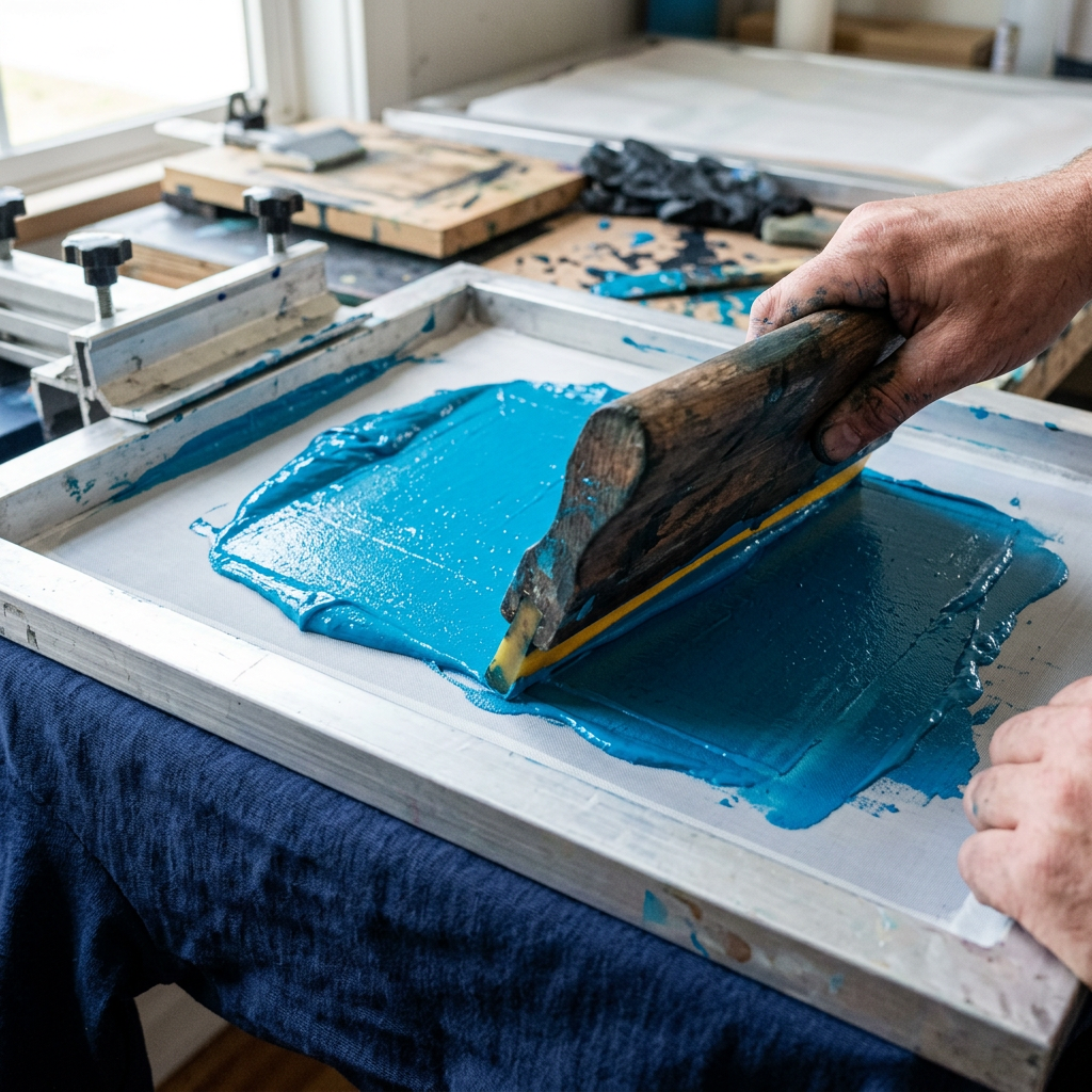Artist applying blue ink onto screen printing frame with squeegee